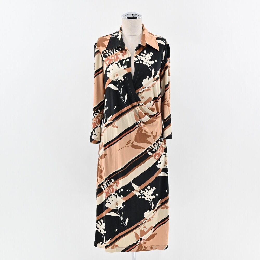 BCBGMAXAZRIA Dress Sz L Brown Stripe Floral Collared Faux Wrap Long Sleeve‎ Midi